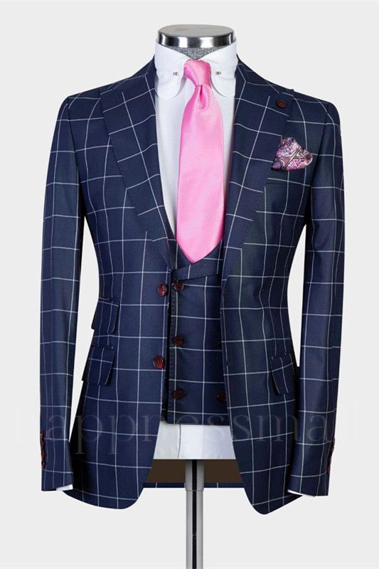Advanced Dark Navy Plaid Peaked Lapel Slim Fit Men Suits for Business