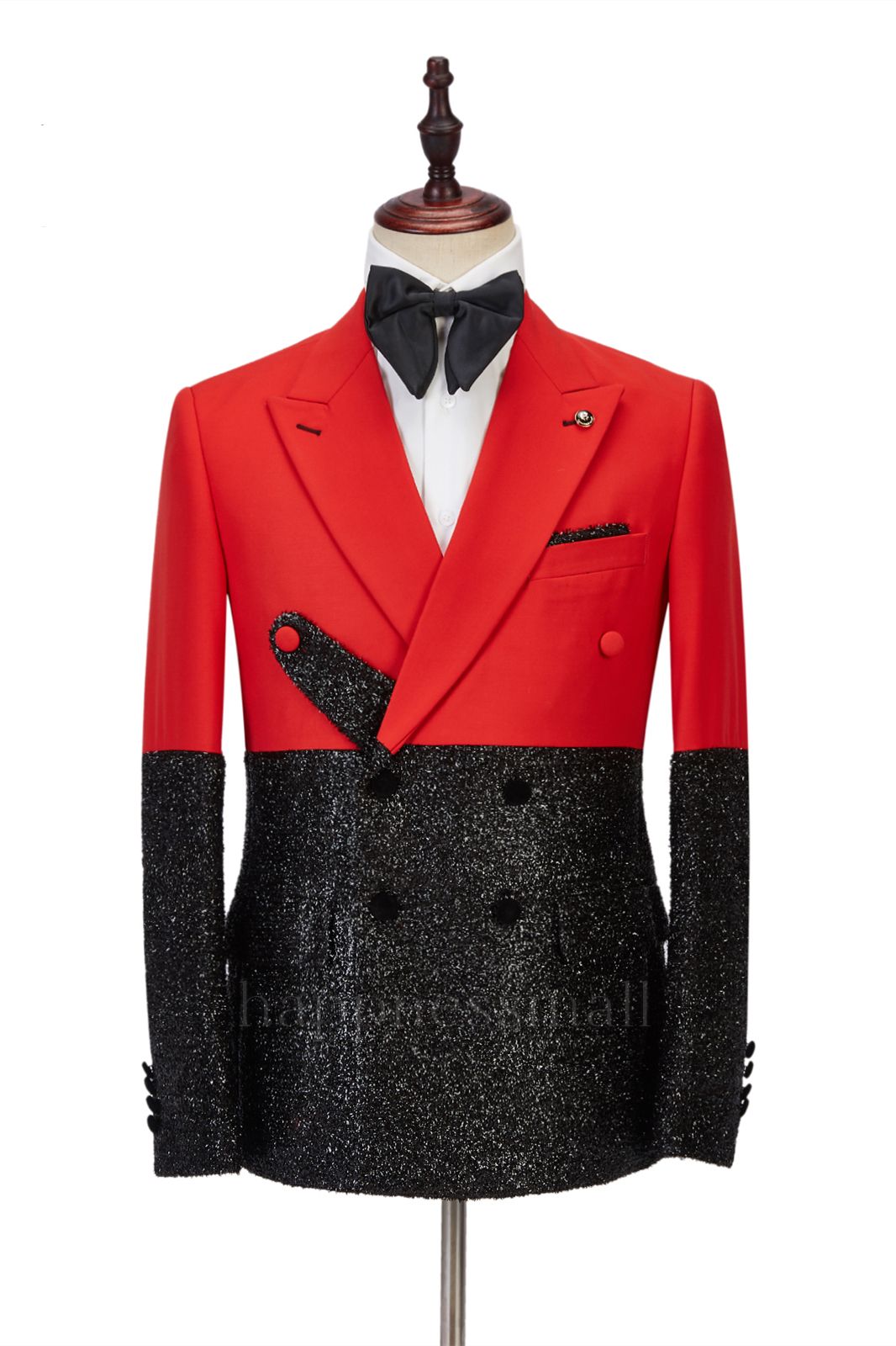 Stylish Peak Lapel Bright Red Stitching Sparkle Black Fashion Men's Suit