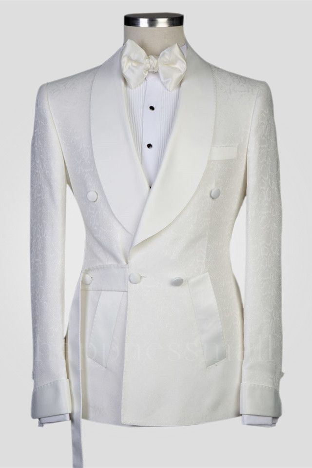 Chic White Jacquard Shawl Lapel Double Breasted Men Suits for Wedding With Belt