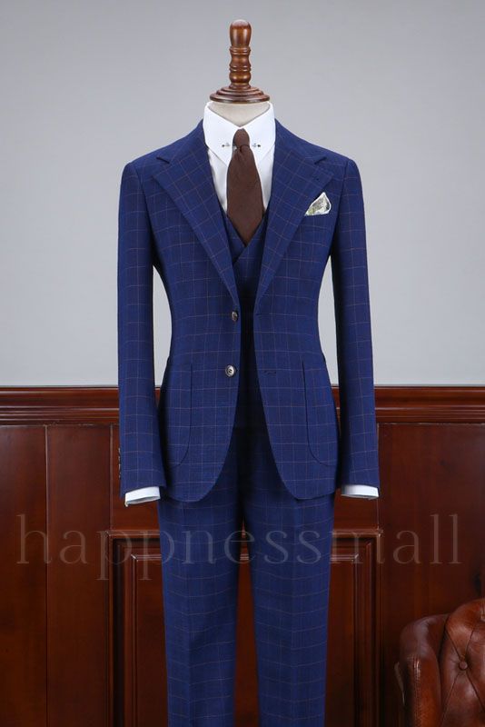 Maverick Modern High Quality Blue Plaid 3 Pieces Slim Fit Business Suit