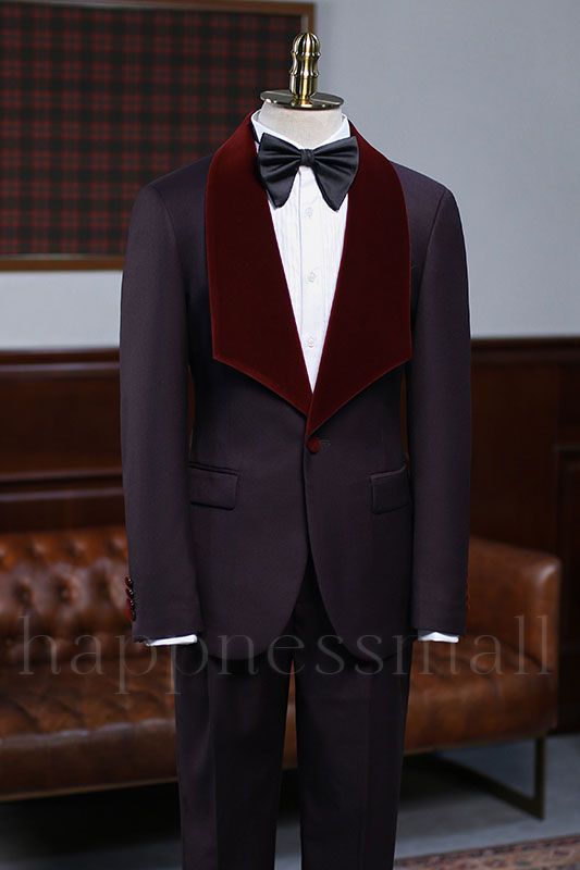 Sébastien Stylish Burgundy 2 Pieces With Velvet Lapel Wedding Suit For Grooms