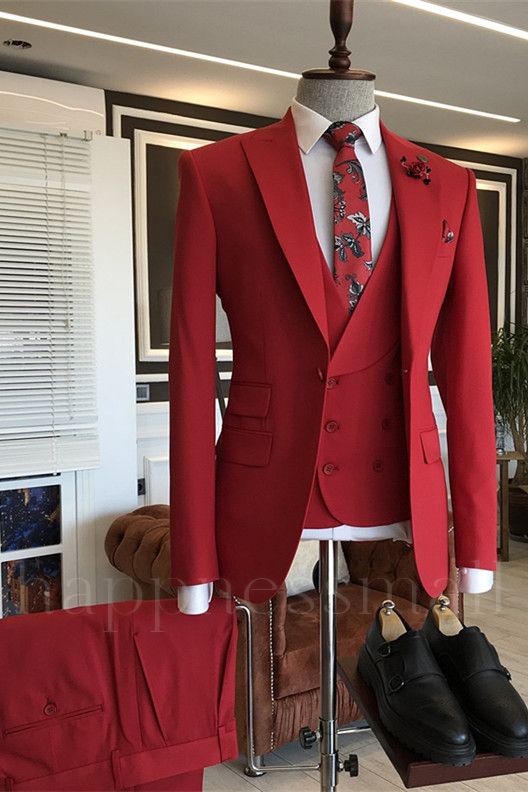 Henry Red Bespoke Peaked Lapel Three Pieces Prom Men Suits