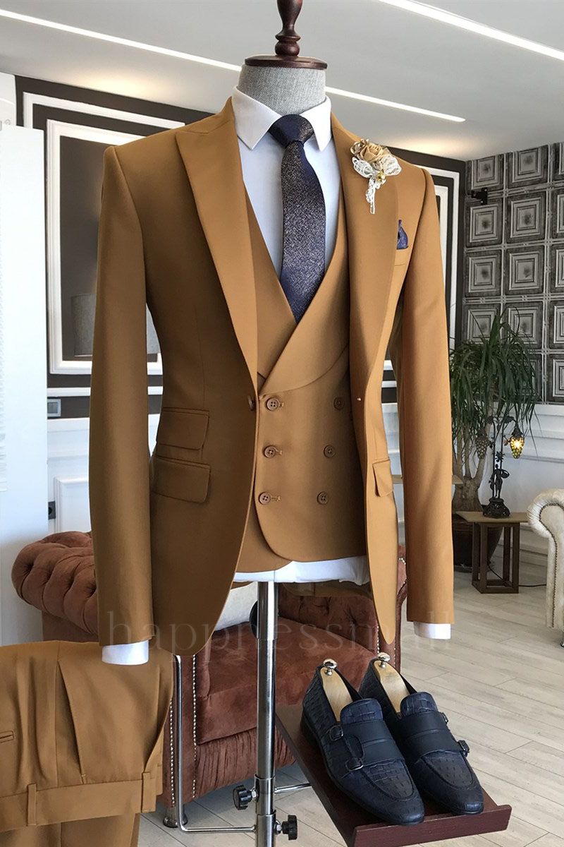 Amelia Stylish Camel 3-Pieces Peaked Lapel Slim fit Business Suits For Men