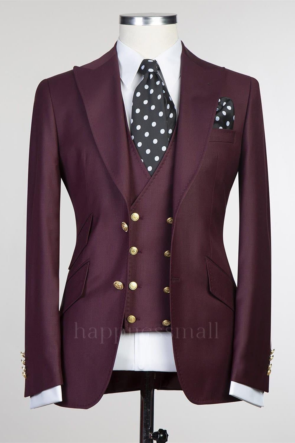 Sterling Popular Burgundy Three Pieces Slim fit Peaked Lapel Men Suits