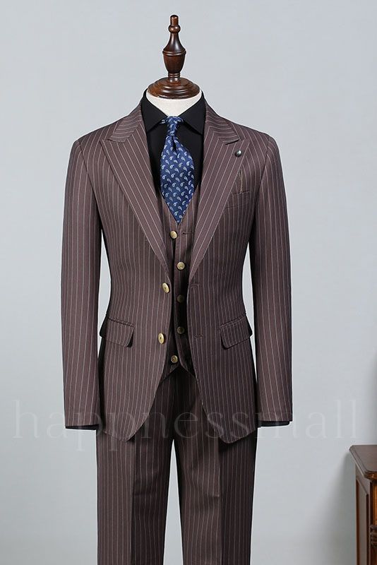 Schattenwald Stylish Brown Striped Peaked Lapel Slim Fit Business Suit