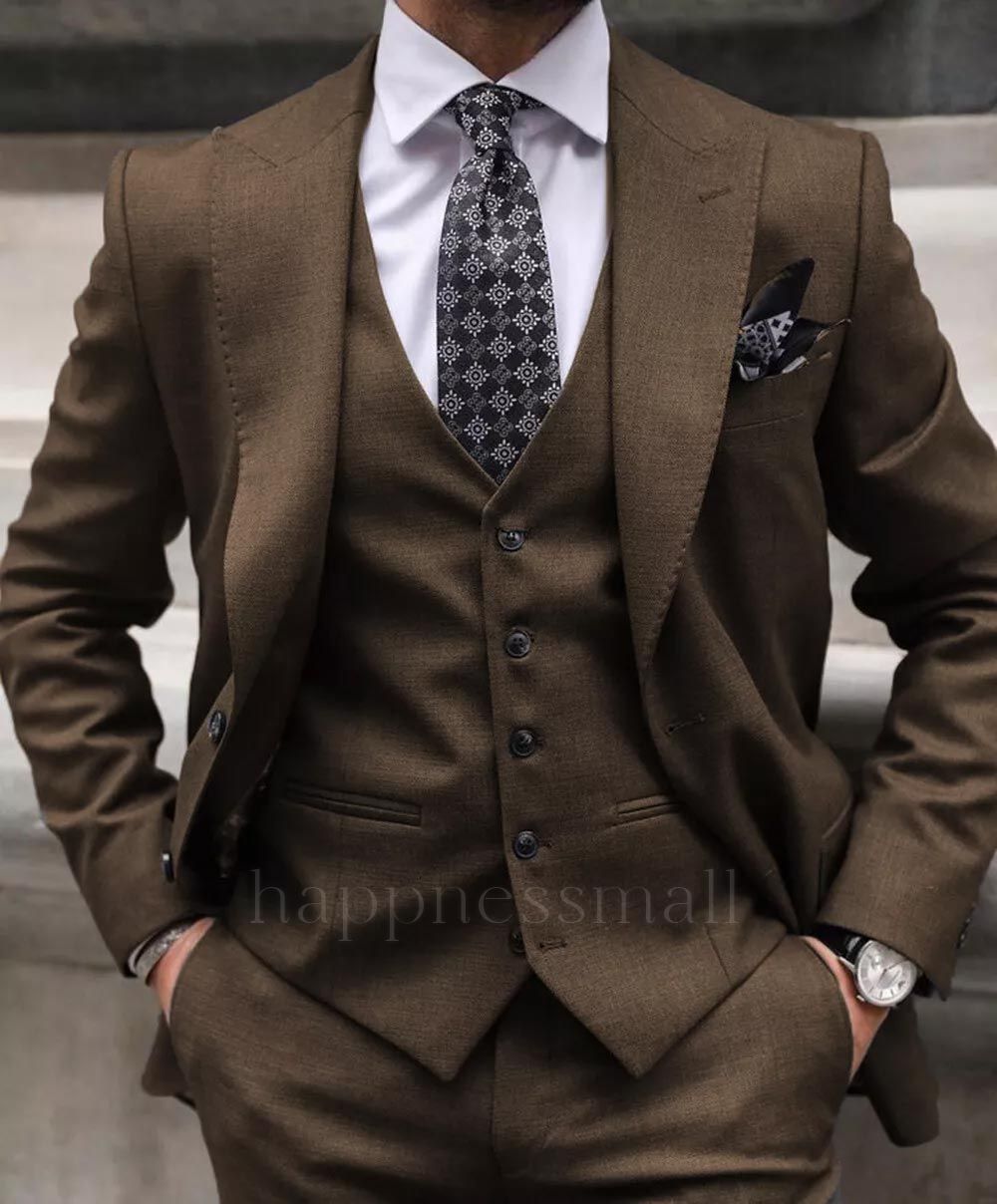 Best New Brown 3 Pieces Peak Lapel Men Suits | Happnessmall