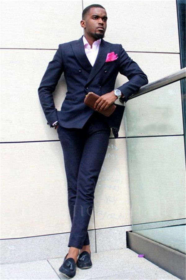 Zephyrus  Dark Blue Double Breasted Peaked Lapel Slim Fit Mens Suit