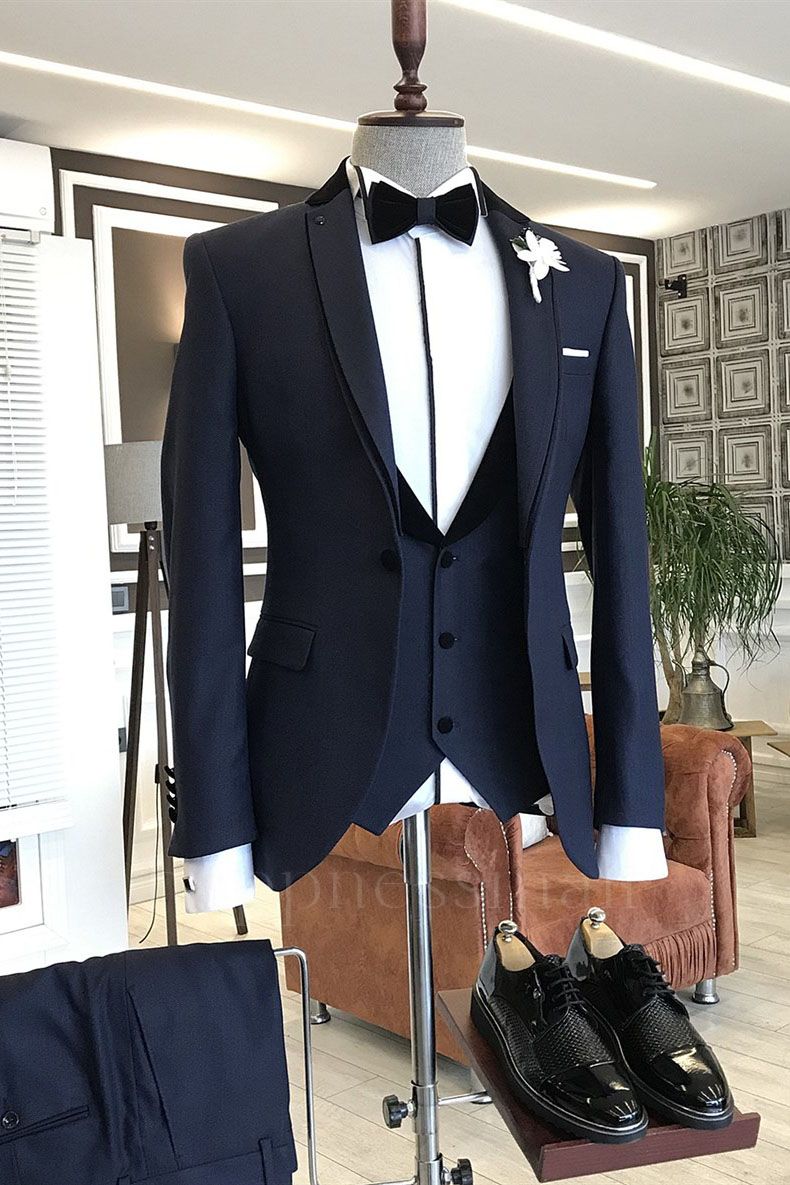Ethan Smart Dark Navy Blue 3-pieces Notched Lapel Slim Fit Business Suits