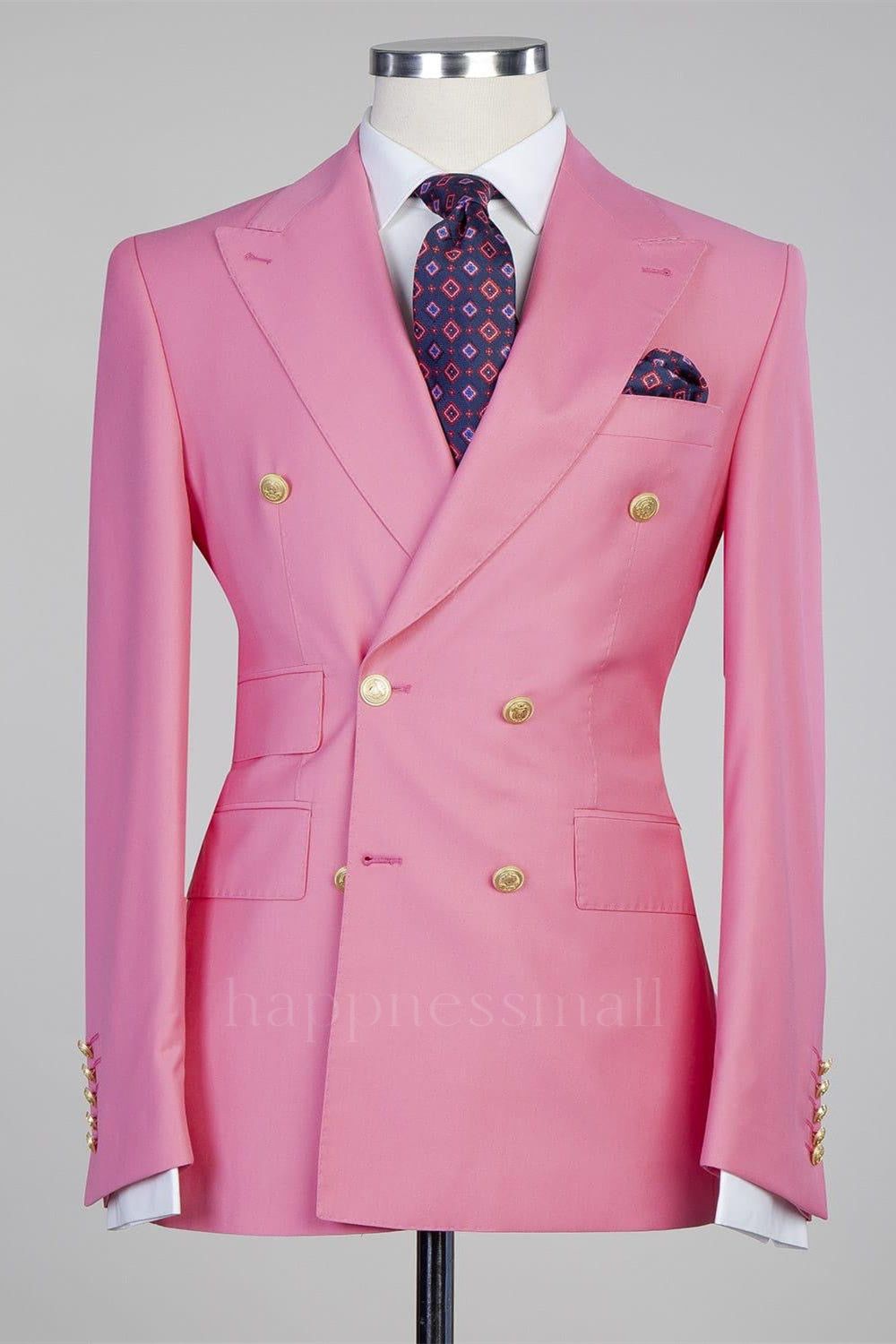 Chic Pink Fashion Double Breasted Peaked Lapel Slim Fit Men Suits