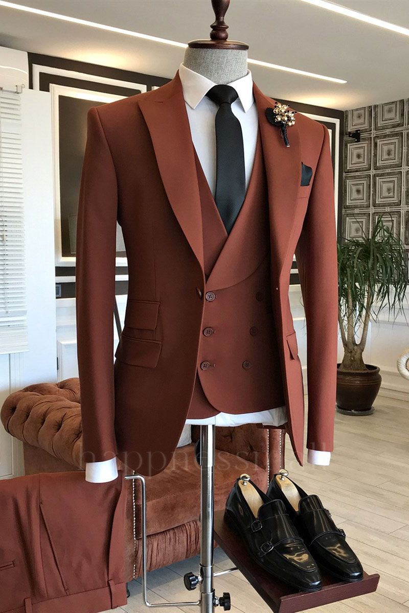 Stylish Orange 3-pieces Peaked Lapel One Button Suits For Business