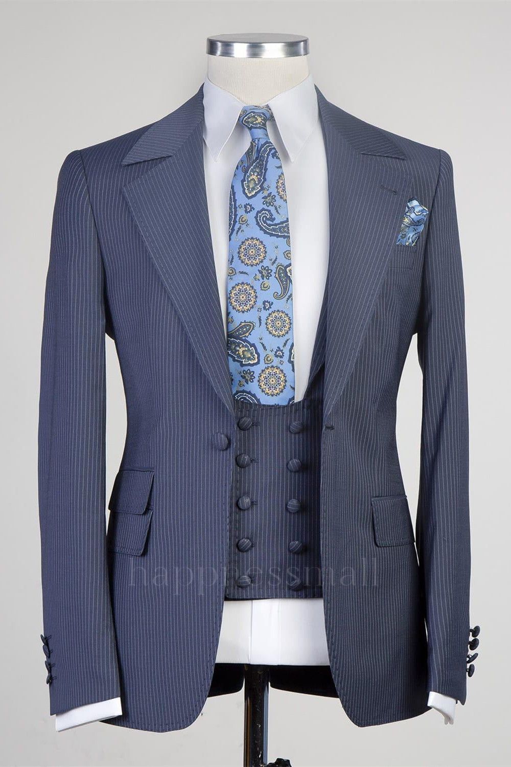 Ryker Lastest Navy Narrow Stripe Notched Lapel Three Pieces Men Suits