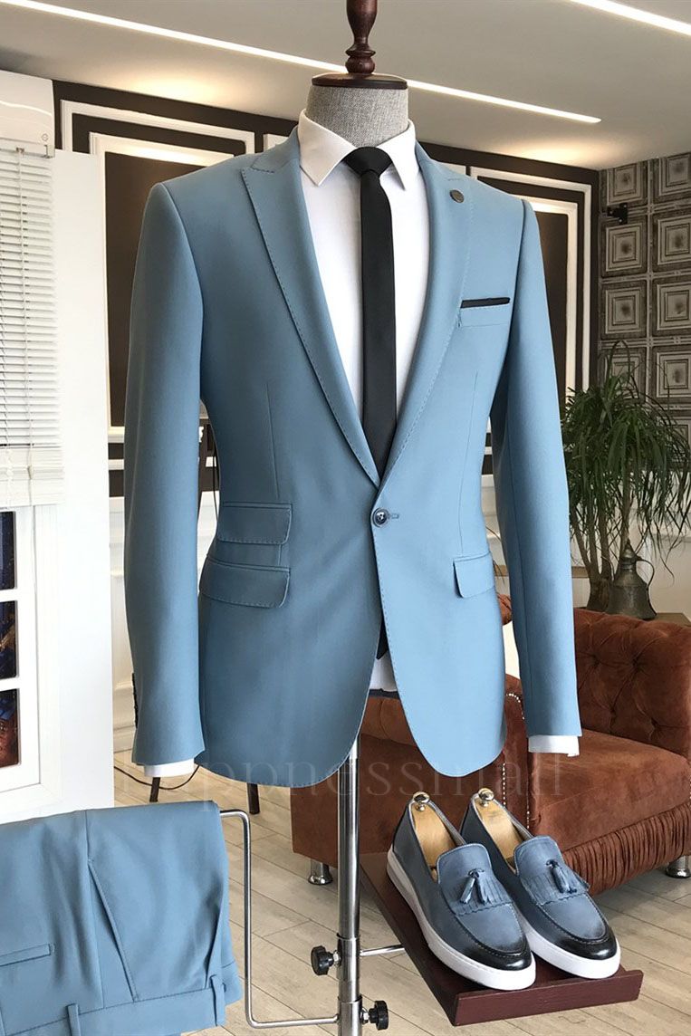 Elegant Sky Blue Peaked Lapel 3 Flaps Mens Prom suits | Happnessmall