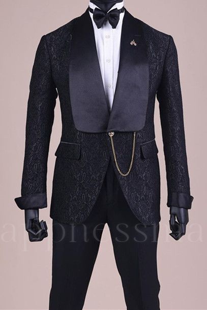 Newest Black Shawl Lapel Jacquard Wedding Groom Suits | Happnessmall