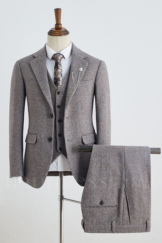 William Stylish Coffee Small Plaid 3 Pieces Notched Lapel Bespoke Business Suit