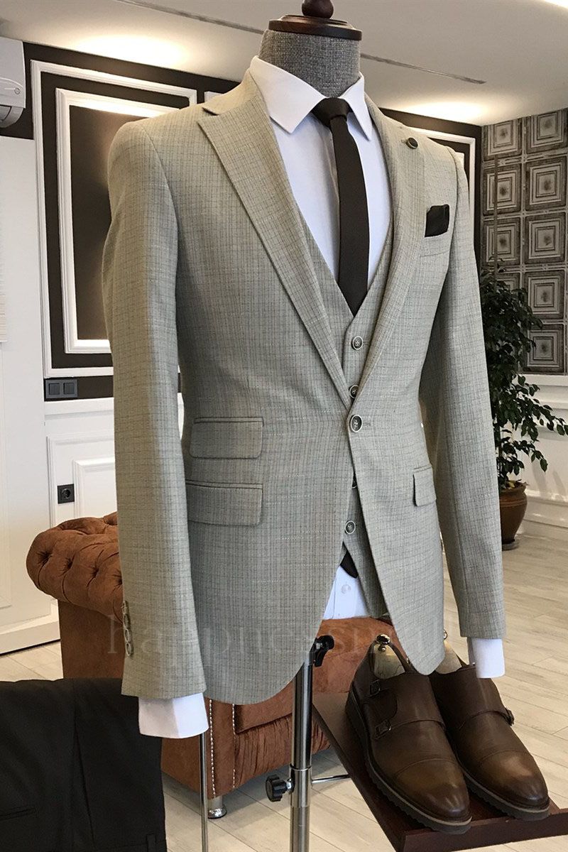 New Arrival Patricia Light Brown Small Plaid Notched Lapel Men'S Business Suit