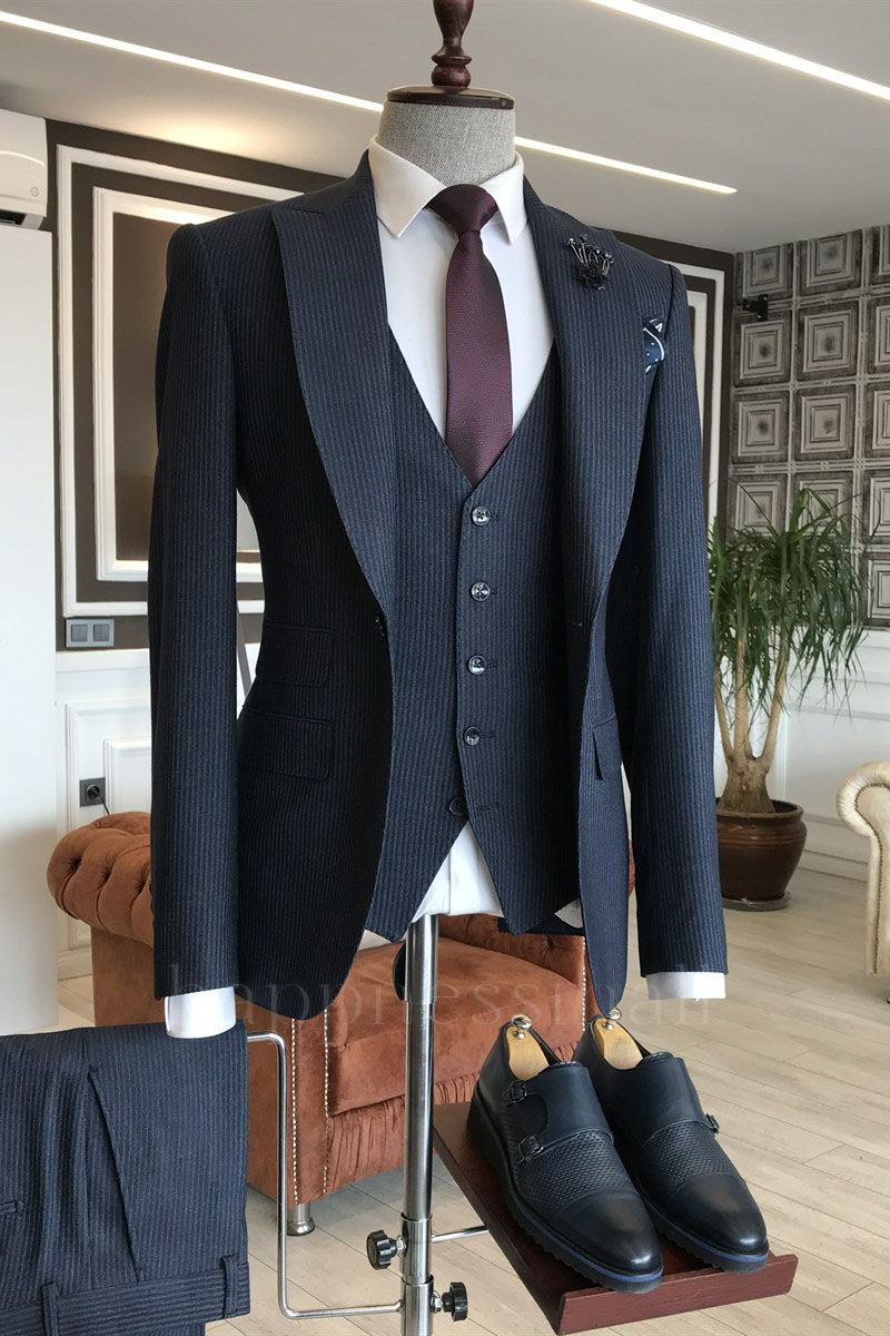 Zane Elegant Navy Blue Velvet 3-Pieces Peaked Lapel Business Men Suits