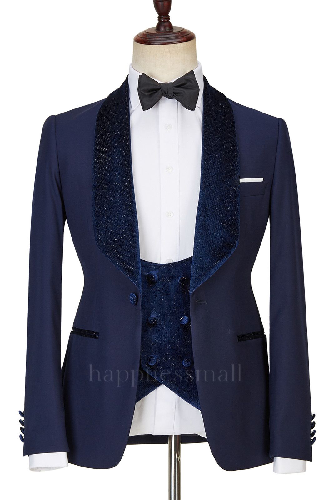 Latest Design Navy Blue Glow Collar Three Piece Set | Men's One Button Wedding Set