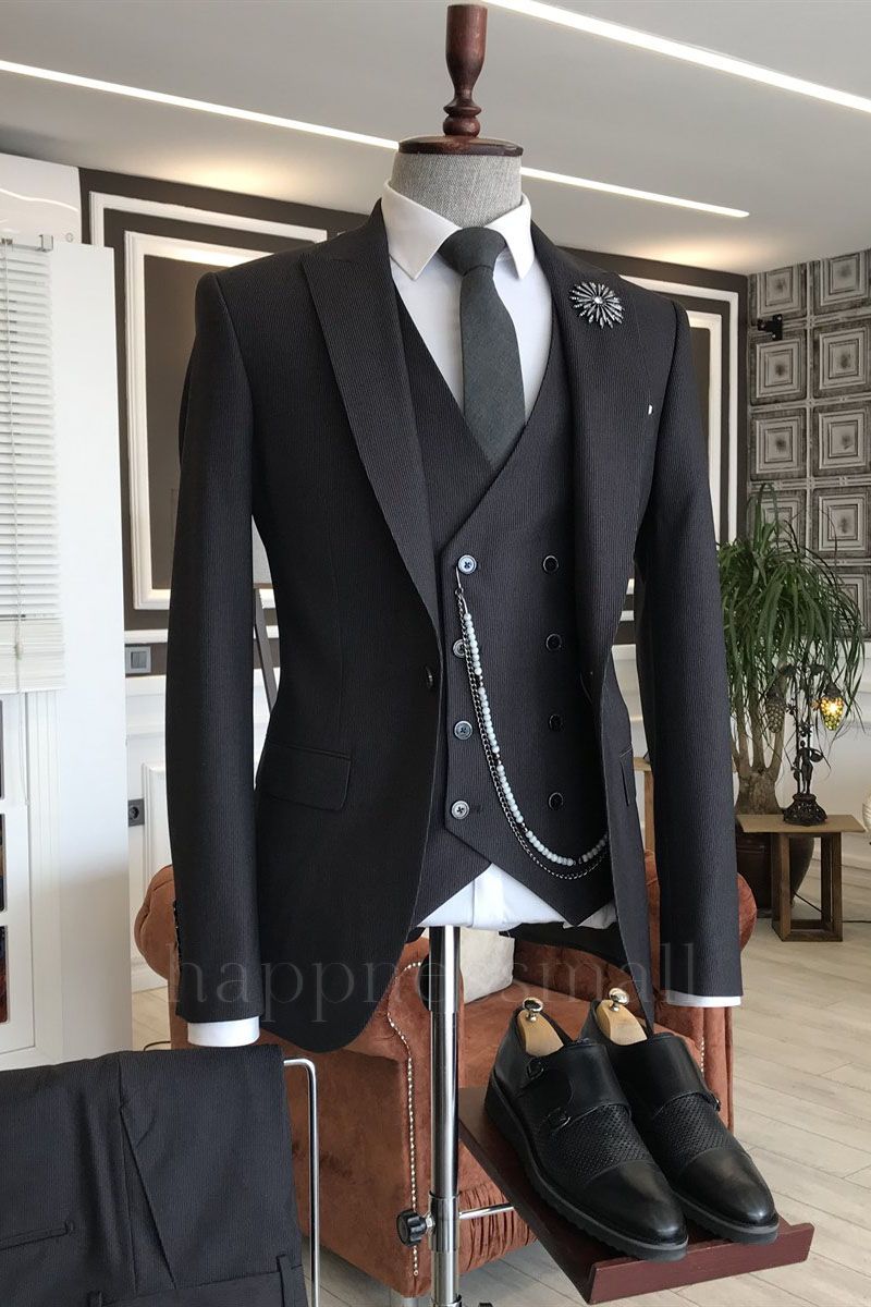 Martina All Black One Button 3-Pieces Peaked Lapel Tailored Suits For Men