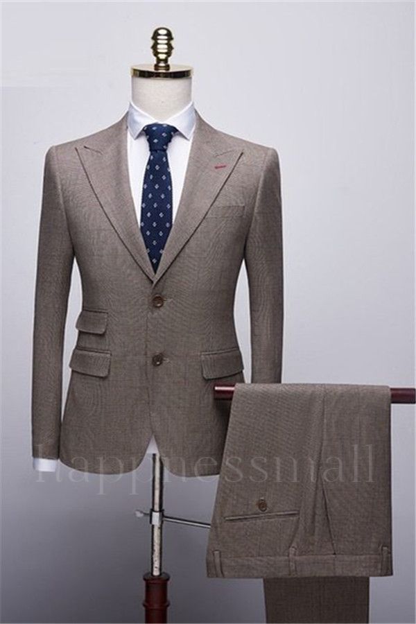 Popular Two Buttons Peak Lapel Tuxedos | Brown Men Suits Prom Best Man Blazer
