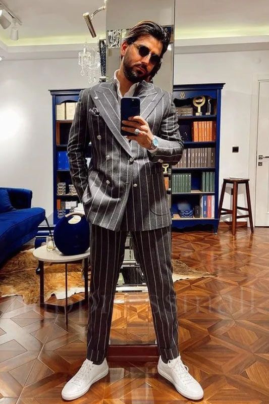 Gabriel New Fashion Gray Peaked Lapel Double Breasted Striped Men Suits For Prom