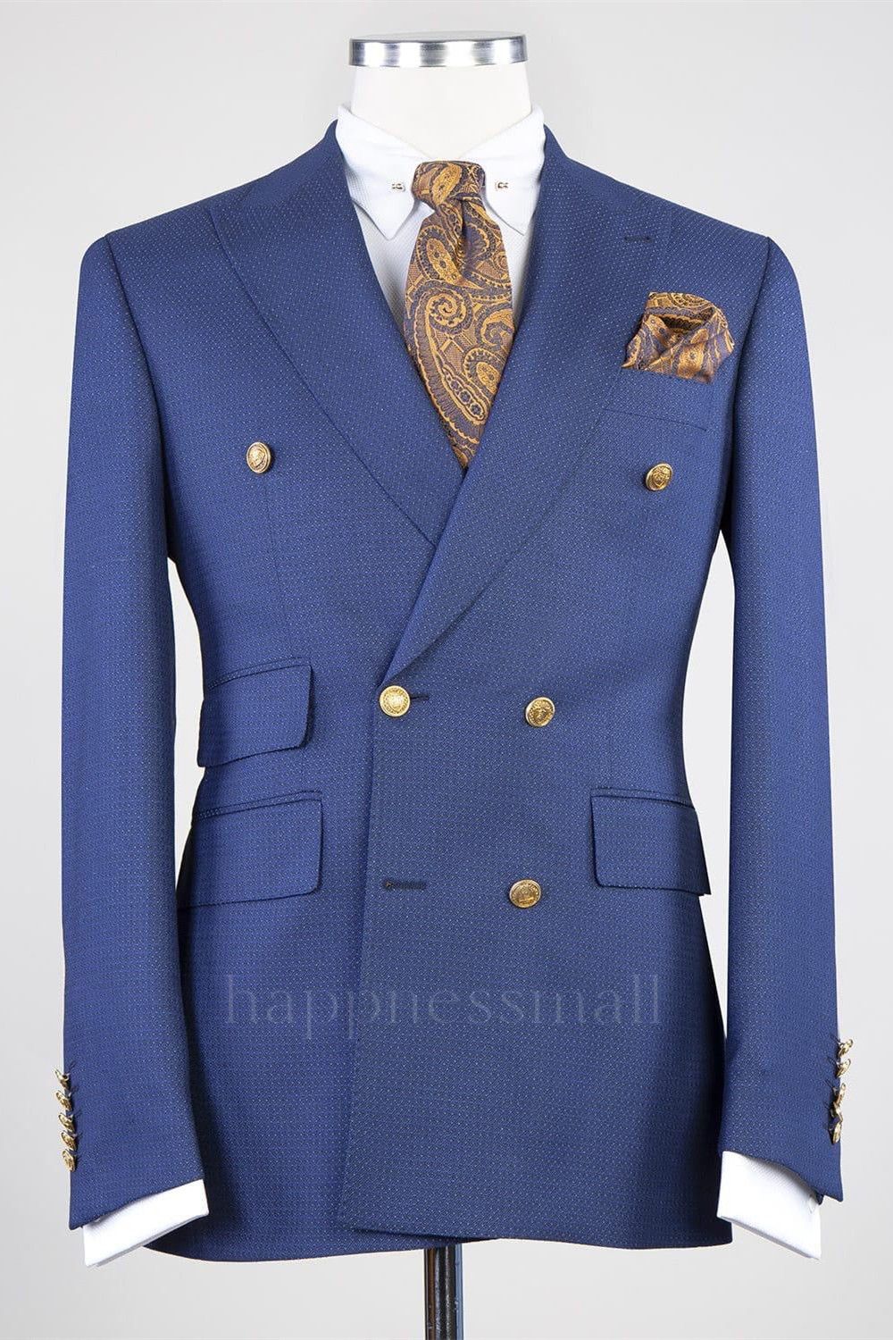 Popular Dark Blue Slim Fit Peaked Lapel Two Pieces Men Suits