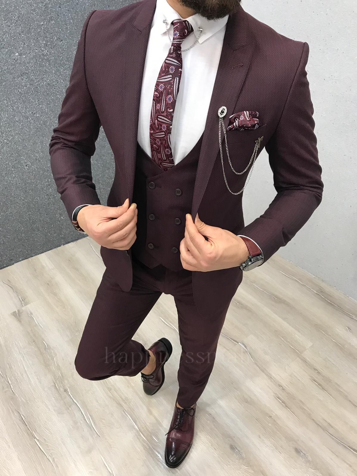 Penelope Elegant Burgundy Three Pieces Slim Fit Peaked Lapel Men Suits