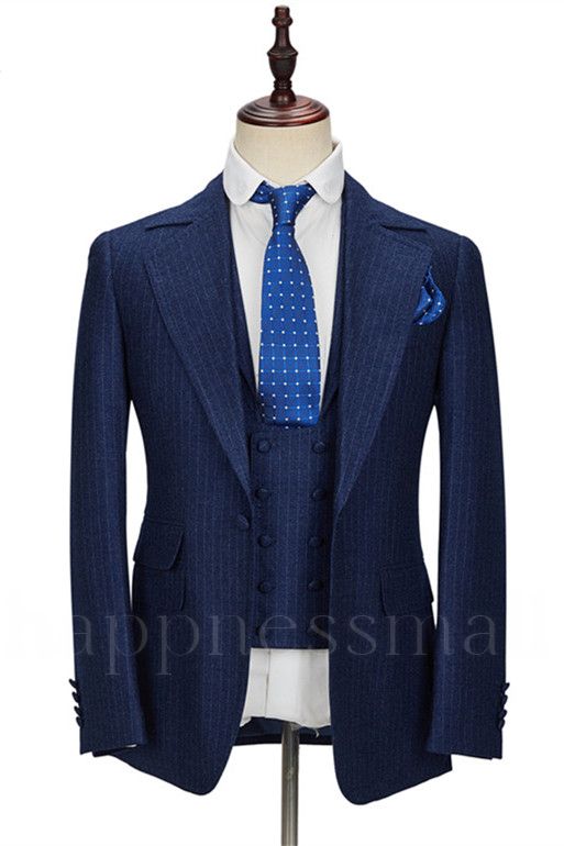 Navy blue notch lapel slim fit formal men's suit with stripes