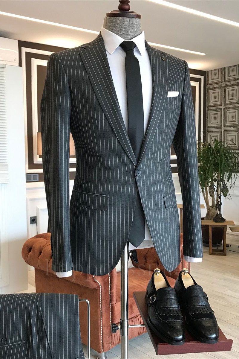 Jaxon Chic Black Striped Notched Lapel Slim Fit Business Men's wear