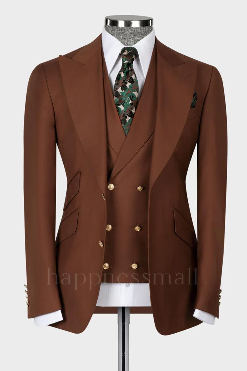Popular Brown 3 Piece Peaked Lapel Slim Fit Men Suits With Classic Vest