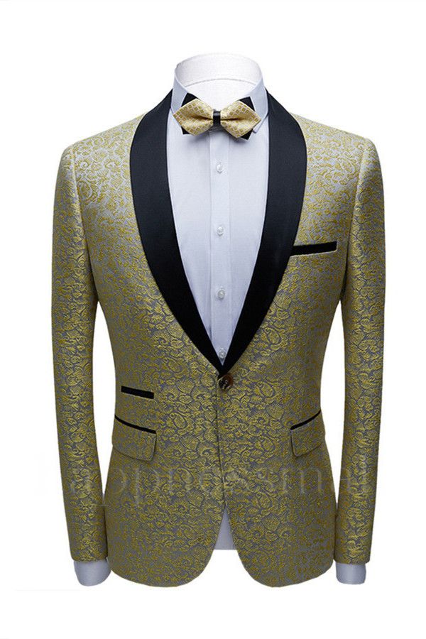 Samuel Gold Printed Slim Fit Prom Men Suits with Black Shawl Lapel