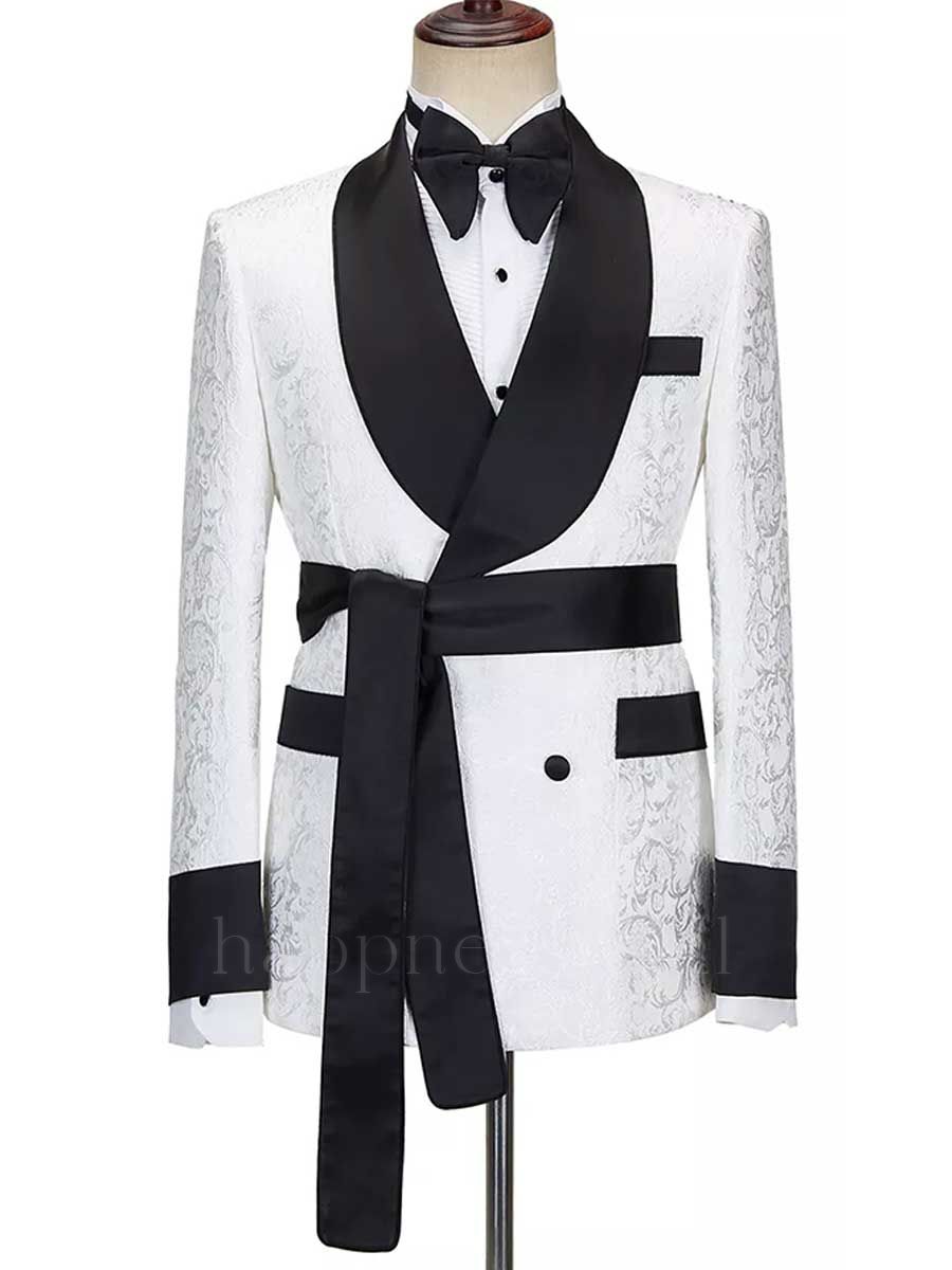 Gorgeous White Large Black Shawl Lapel Man Prom | Wedding Suite With Adjustable Belt