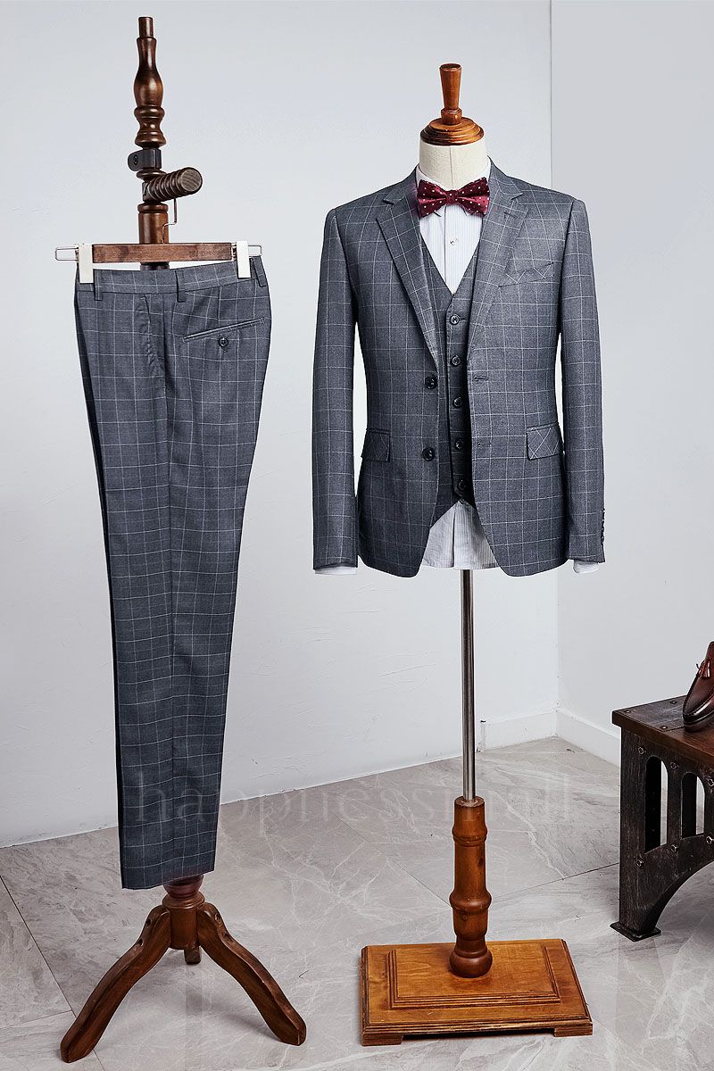 William Classical Dark Gray Plaid Slim Fit Tailored Men Suit For Business