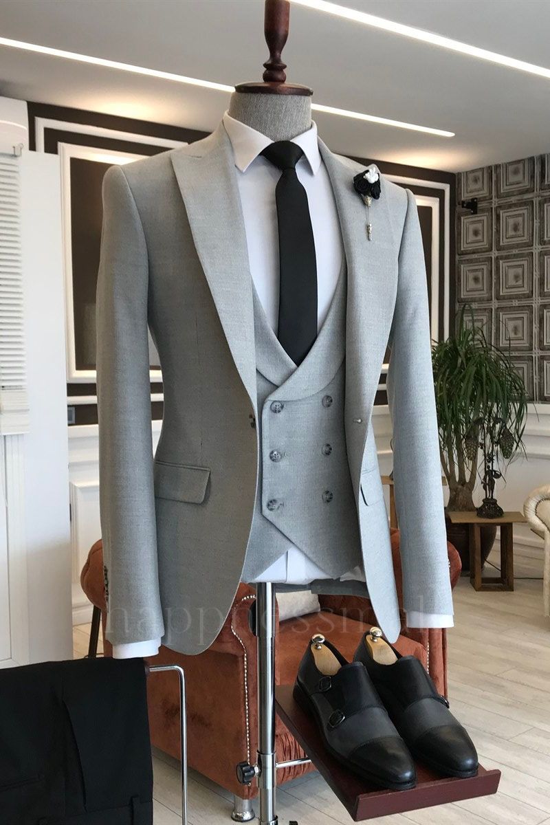 Mia Light Gray One Button Peaked Lapel Slim Fit Business Men Suits