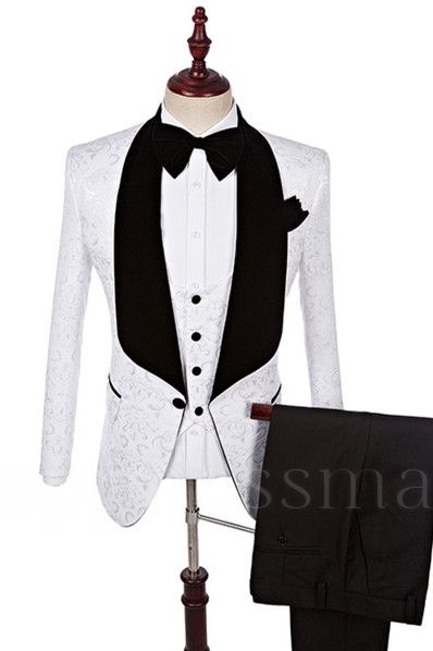 Harper White Fashion Jacquard Shawl Lapel Three Pieces Wedding Suits