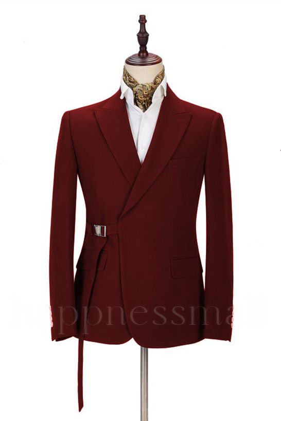 Fashion Peak Lapel Buckle Button Formal Burgundy 2 Piece Men's Casual Suit With Adjustable Buckle