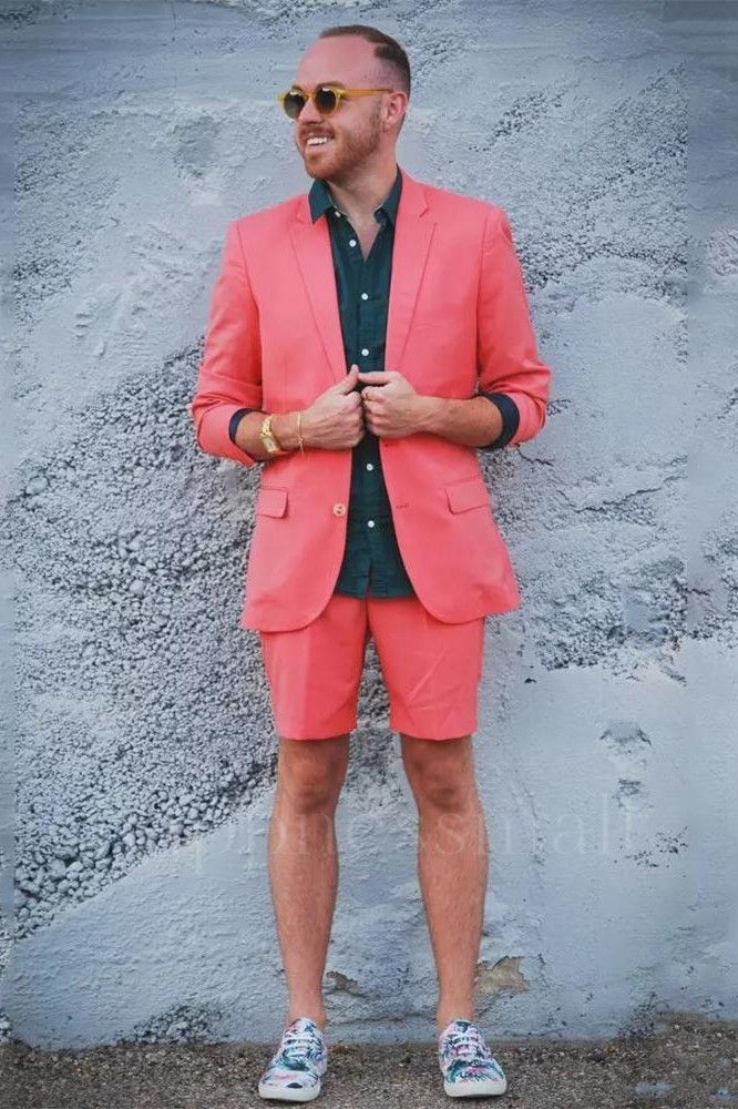 Stylish Orange Summer Notched Lapel Men Suit with Short Pants | Happnessmall
