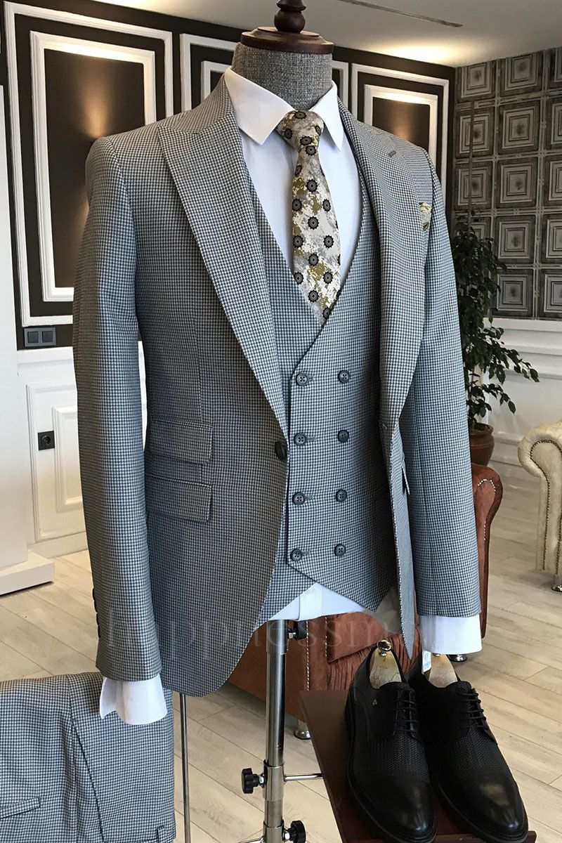 Happnessmall Formal Black Small Plaid Peaked Lapel One Button Business Suits For Men