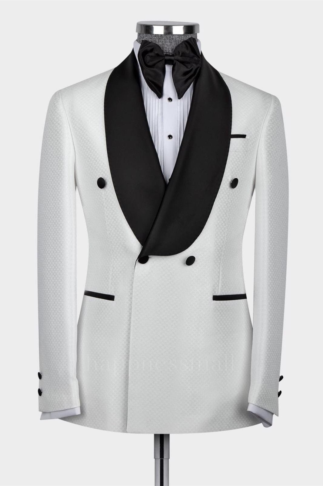 Fashionable white two-piece double breasted wedding dress with black shawl lapel