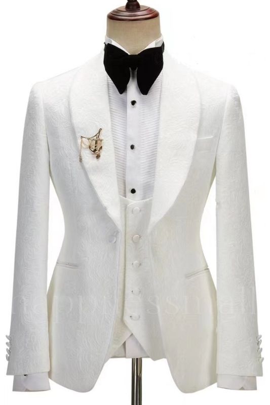 Phoenix Stylish White Jacquard Three Pieces Wedding Suits With Shawl Lapel