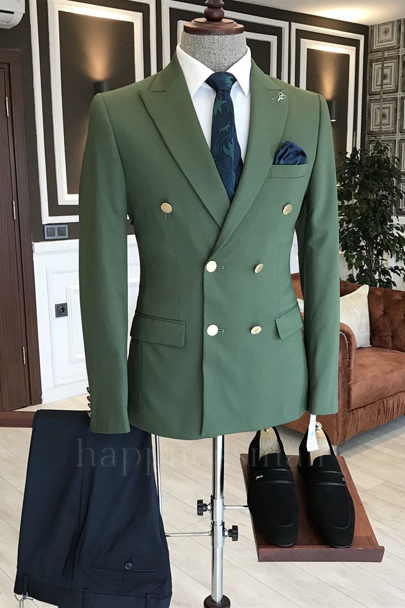 Gentle Green Peaked Lapel Double Breasted Bespoke Men Suits