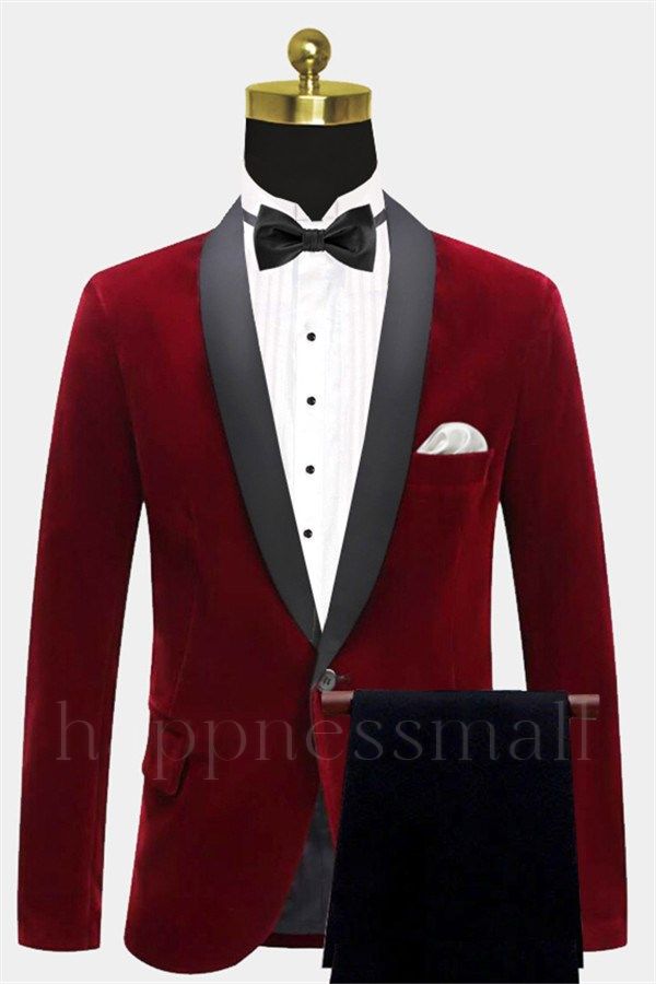 Fashion Burgundy Velvet Blazer Jacket | Two Pieces Shawl Lapel Men Suits