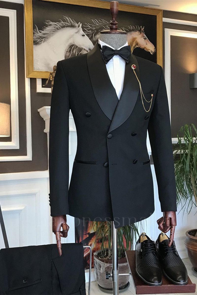 Glamorous Black Double Breasted Slim Fit Tailored Men Suit With Shawl Lapel | happnessmall