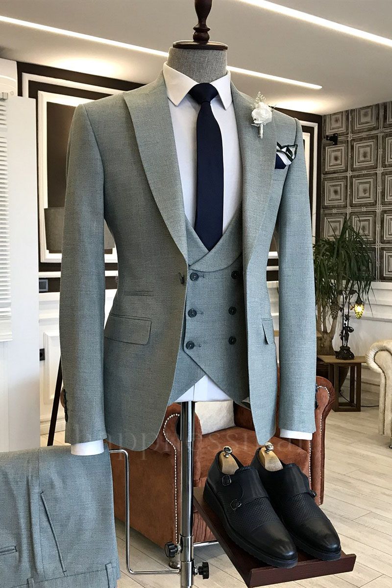 Samuel Handsome Gray 3-Pieces Peaked Lapel Men Suits For Business