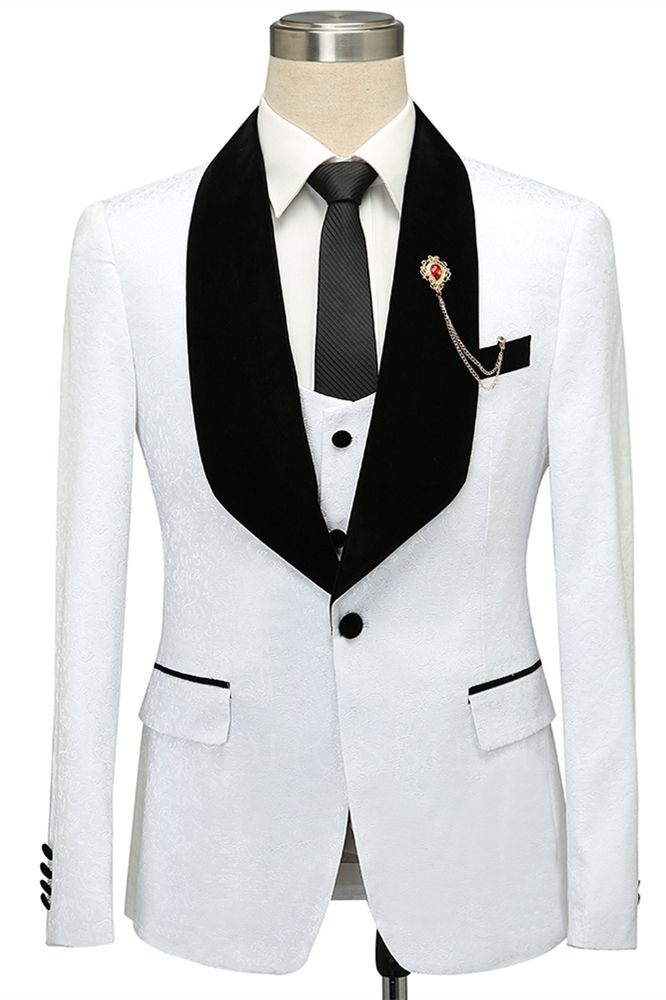 Classic white single button men's suit | Black lapel jacquard wedding suit