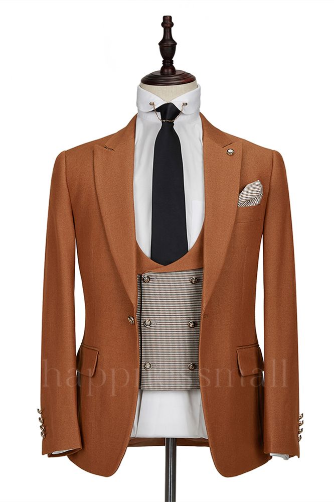 Fashion Peak Lapel 3 Piece Men's Suit with Double Breasted Waistcoat