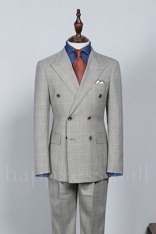 Ethan Trendy Gray Plaid Double Breasted Bespoke Men Suits For Business