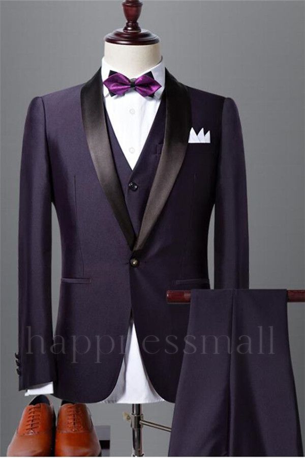 Popular Dark Purple Shawl Lapel Black Wedding Tuxedo| Bespoke Prom Dress Suit 3 Pieces