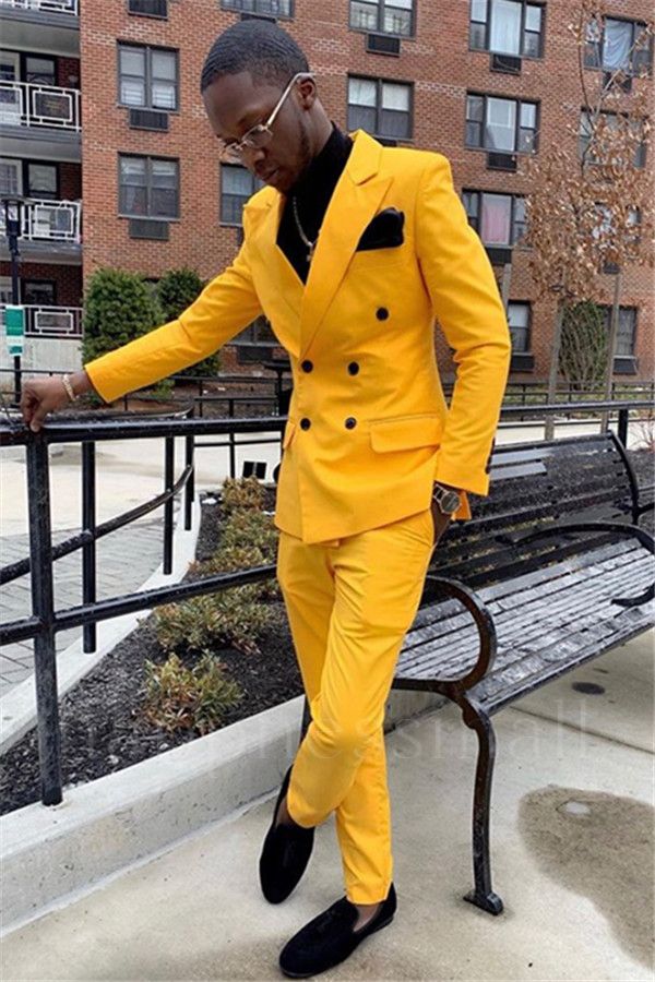 Kyra Elegant Yellow Double Breasted Slim Fit Peaked Lapel Mens Suits