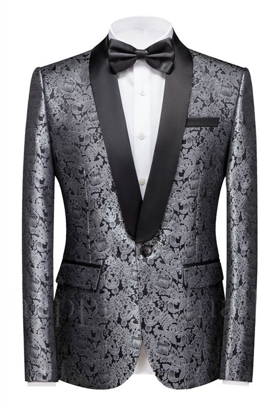 Latest Design Silver Shawl Lapel Stylish One Button Jacquard Weddig Tuxedo for Men