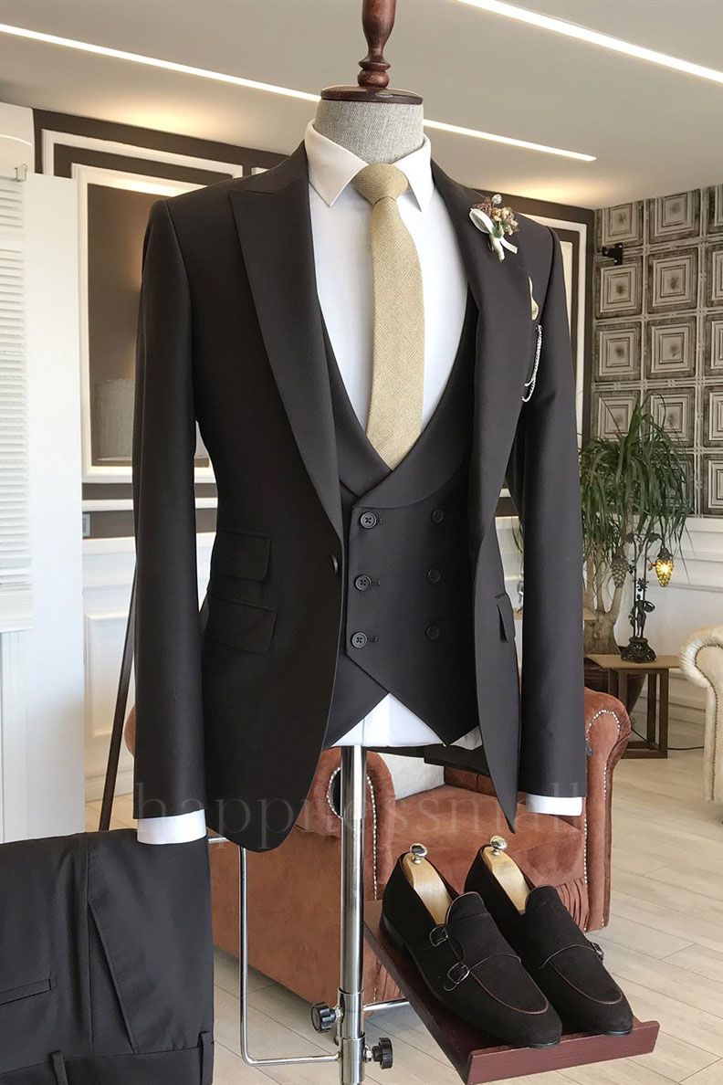Classic Black Peaked Lapel 3-pieces Business Men Suits | Happnessmall